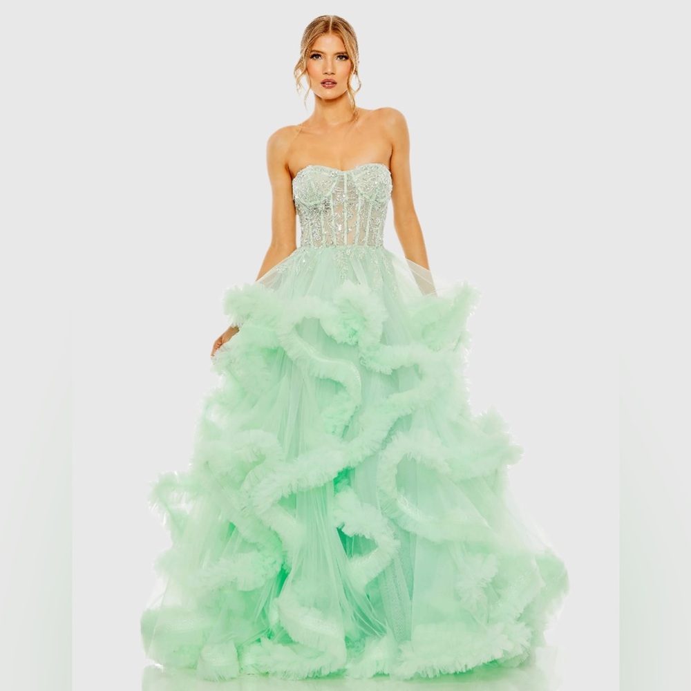NWT $998 MAC DUGGAL Green Strapless Corset Detail Tulle Layered Gown DRESS 20542